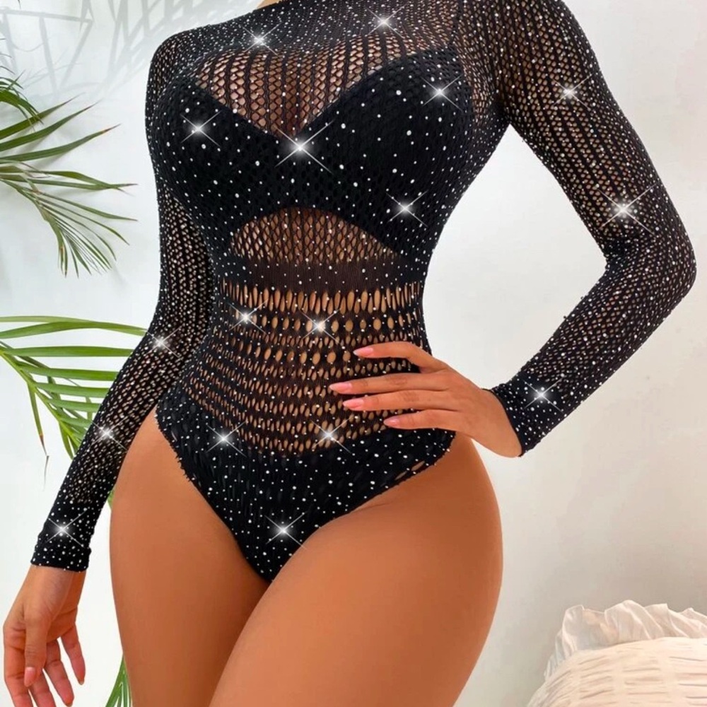 Black Rhinestone Embellished Mesh Bodysuit